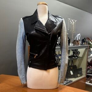 Barbara Bui Black and Blue Leather Moto Jacket